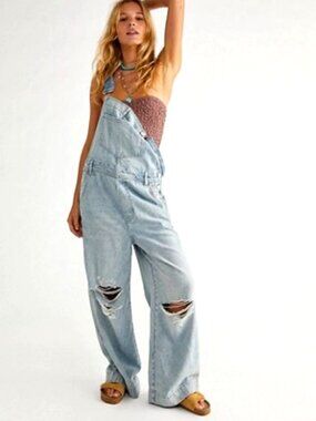 We The Free Super Slouchy Overalls Small Time Warp Blue Upcycled